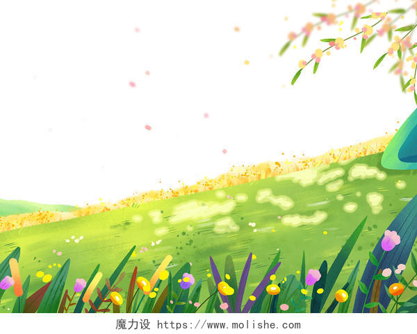 彩色手绘卡通草丛草地花草春暖花开春分春天春季元素PNG素材